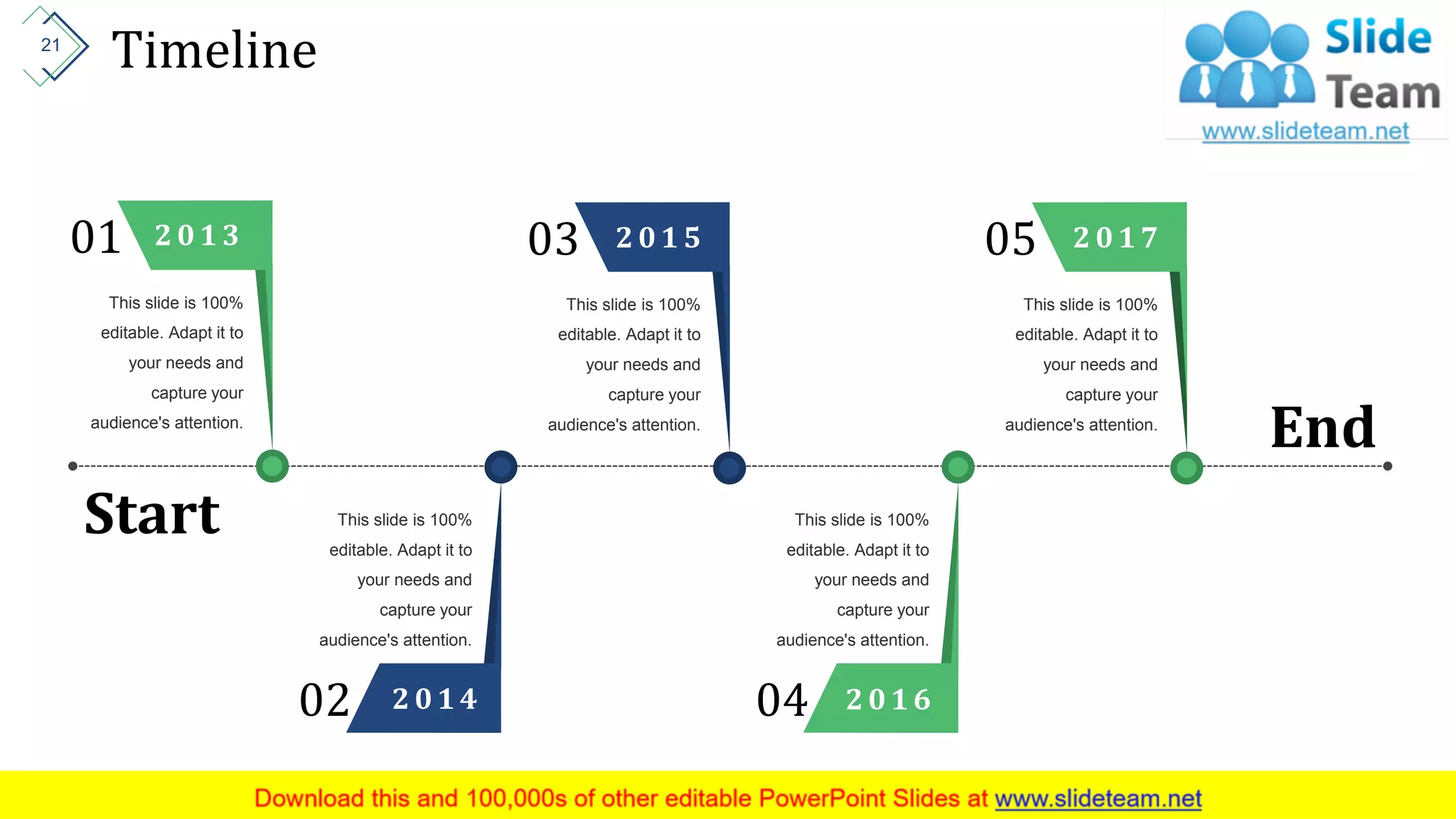 Timeline
Start
End
04
This slide is 100%
editable. Adapt it to
your needs and
capture your
audience's attention.
2 0 1 6
03
This slide is 100%
editable. Adapt it to
your needs and
capture your
audience's attention.
2 0 1 5
02
This slide is 100%
editable. Adapt it to
your needs and
capture your
audience's attention.
2 0 1 4
01
This slide is 100%
editable. Adapt it to
your needs and
capture your
audience's attention.
2 0 1 3 05
This slide is 100%
editable. Adapt it to
your needs and
capture your
audience's attention.
2 0 1 7
21
 