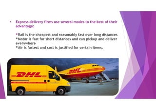 • Express delivery firms use several modes to the best of their
advantage:
*Rail is the cheapest and reasonably fast over long distances
*Motor is fast for short distances and can pickup and deliver
everywhere
*Air is fastest and cost is justified for certain items.
 