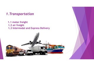 1.Transportation
1.1 motor freight
1.2 air freight
1.3 Intermodal and Express Delivery
 