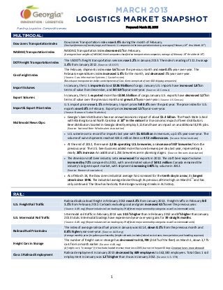 MARCH 2013
                                              LOGISTICS MARKET SNAPSHOT
  Fueling Logistics Competitiveness                                                            Prepared: March 25, 2013


MULTIMODAL:
Dow Jones Transportation Index     Dow Jones Transportation index rose 3.9% during the month of February.
                                   (Stock performance of twenty large, well-known U.S. companies in the transportation industry, average of February 10th thru March 10th)

NASDAQ Transportation Index        NASDAQ Transportation Index decreased 1% in February.
                                                                                                                                                         th              th
                                   (Averaged share weights of NASDAQ-listed companies classified as transportation companies, average of February 10 thru March 10 )

                                   The USDOT's freight transportation services rose 1.2% in January 2013. The index’s reading of 111.3 was up
DOT Freight Transportation Index
                                   1.3% from January 2012. (Source: US DOT)
                                   The February shipments index rose 5.6% over the previous month and rose 0.5% year-over-year. The
Cass Freight Index                 February expenditures index increased 1.8% for the month, and decreased 1% year-over-year.
                                   (Source: Cass Information Systems | Cassinfo.com)
                                   (Based upon transportation dollars and shipments of Cass clients comprised of over 400 shipping companies)
                                   In January, the U.S. imported about $228.9 billion of cargo. January U.S. imports have increased 1.8% in
Import Volumes
                                   terms of value from December, and fell 0.9% year-over-year. (Source: US Census)
                                   In January, the U.S. exported more than $184.5 billion of cargo. January U.S. exports have decreased 1.2% in
Export Volumes
                                   terms of value over the previous month and grew 3.3% year-over-year. (Source: US Census)
                                   U.S. import prices rose 1.1% in February. Import prices fell 0.3% over the past year. The price index for U.S.
Import & Export Price Index        exports rose 0.8% in February. Export prices increased 1.5% year-over-year.
                                   (Source: Bureau of Labor Statistics)
                                   •   Georgia’s beer distributors have an annual economic impact of about $1.3 billion. The Peach State is tied
                                                                                  th
                                       with Washington and North Carolina at 10 in the nation for its economic impact of beer distributors.
Multimodal News Clips:
                                       Beer distributors located in Georgia directly employ 3,114 and have an impact on an additional 8,395 jobs.
                                       (Source: National Beer Wholesalers Association)
                                   •   U.S. wineries set a record for imports last year with $1.43 billion in revenues, up 2.6% year-over-year. The
                                       volume of wine shipments reached 424.6 million liters or 47.2 million cases. (Source: Wine Institute)
                                   •   At the end of 2012, there were 2,336 operating U.S. breweries, an increase of 387 breweries from the
                                       previous year. The U.S. beer business added more than one brewery per day last year, representing a
                                       nearly 20% increase. An additional 1,254 breweries are in planning stages. (Source: Brewers Association)
                                   •   The American craft beer industry set a new record for exports in 2012. The craft beer export volume
                                       increased by 72% compared to 2011, with an estimated value of $49.1 million. Canada remained the
                                       industry’s largest export market, with shipments increasing 140% by volume in 2012.
                                       (Source: Brewers Association)

                                   •   As of March 14, the Dow Jones industrial average has increased for the tenth day in a row, its longest
                                                                                                                                    th
                                       streak since 1996. The industrial average broke through its previous all-time high on March 5 and has
                                       only continued. The Dow has had only three longer winning streaks in its history.


RAIL:
                                   Railroad bulk carload freight in February 2013 rose 2.3% from January 2013. Freight traffic in February fell
U.S. Freight Rail Traffic          1.1% from February 2012. Carloads excluding coal and grain increased 4.5% over the previous year.
                                   (Source: AAR.org) (Report includes rail car-loadings by 19 different major commodity categories as well as intermodal units)
                                   Intermodal rail traffic in February 2013 was 10.5% higher than in February 2012 and 3% higher than January
U.S. Intermodal Rail Traffic       2013 totals. Intermodal loadings have experienced year-over-year gains for 39 straight months.
                                   (Source: AAR.org) (Report includes rail car-loadings by 19 different major commodity categories as well as intermodal units)

                                   The index of average railroad fuel prices in January was 611.4, down 0.2% from the previous month and
Railroad Fuel Price Index          0.8% higher year-over-year. (Source: AAR.org)
                                   (Average monthly price for gallons purchased by freight railroads; Includes federal excise taxes, transportation, and handling expenses)

                                   The number of freight cars in storage has decreased to 311,739 (20.4% of the fleet) on March 1, down 3,775
Freight Cars in Storage            cars from a month earlier. (Source: AAR.org)
                                   (A freight car is "in storage" if it has had a loaded revenue move since 2005, but not in the past 60 days. Decrease here = more demand)

                                   Railroad employment in January 2013 decreased by 609 employees to 162,043 employees. Total Class 1 rail
Class 1 Railroad Employment
                                   employment in January was 1.2% higher than it was in January 2012. (Source: U.S. STB)




                                                                                1
 