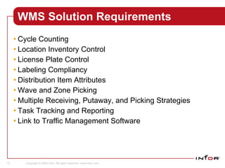 WMS Solution Requirements Cycle Counting Location Inventory Control License Plate Control Labeling Compliancy Distribution Item Attributes Wave and Zone Picking Multiple Receiving, Putaway, and Picking Strategies Task Tracking and Reporting Link to Traffic Management Software Sales 