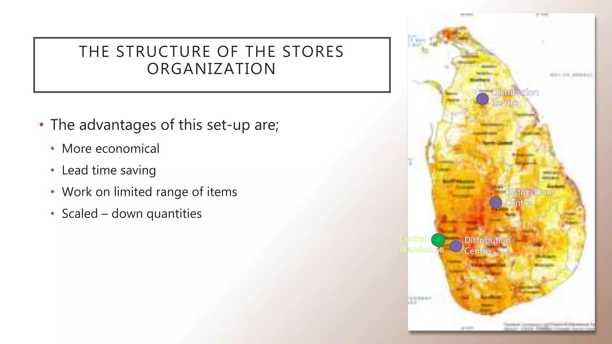 THE STRUCTURE OF THE STORES
ORGANIZATION
• The advantages of this set-up are;
• More economical
• Lead time saving
• Work on limited range of items
• Scaled – down quantities
Central
Warehouse
Distribution
Centre
Distribution
Centre
Distribution
Centre
 