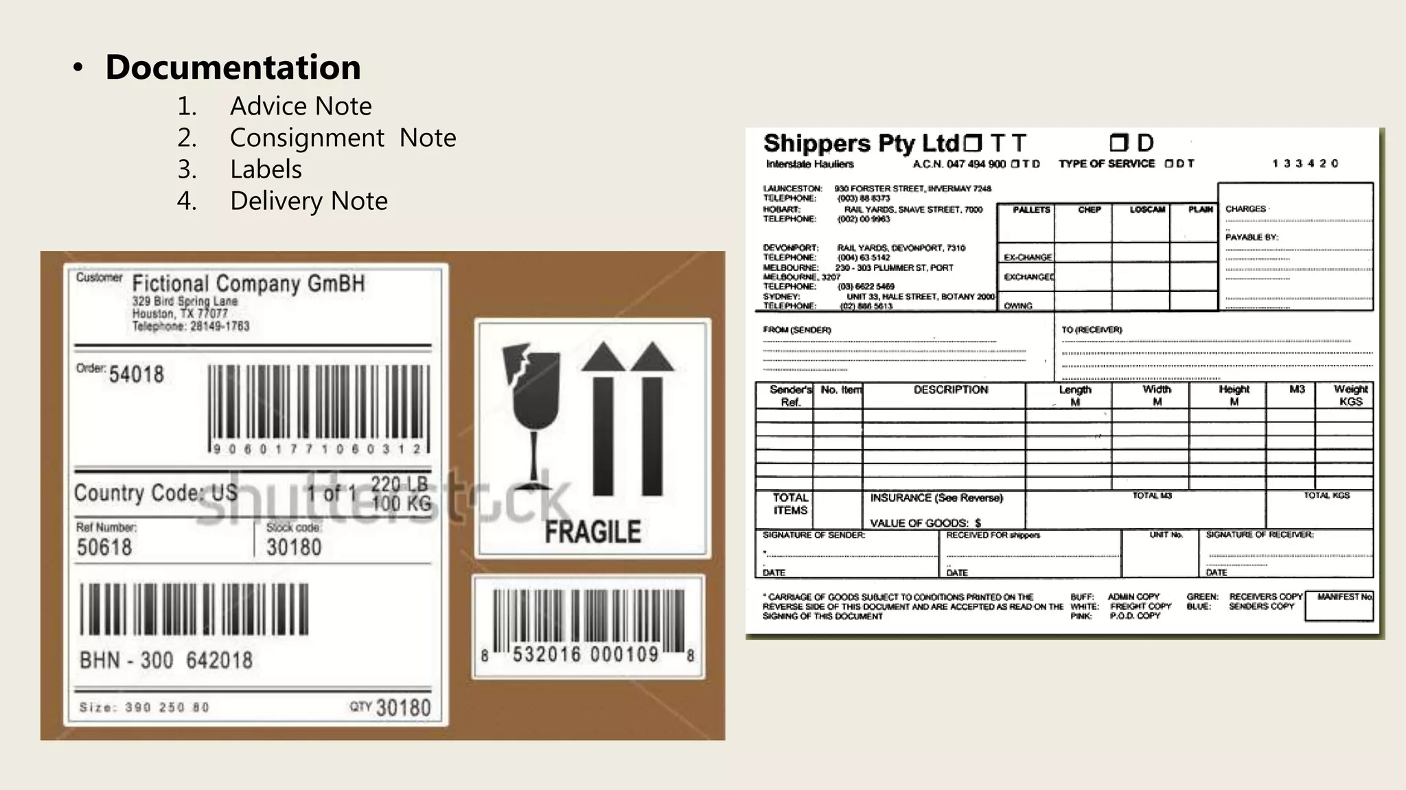 • Documentation
1. Advice Note
2. Consignment Note
3. Labels
4. Delivery Note
 