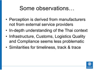 Some observations…
• Perception is derived from manufacturers
  not from external service providers
• In-depth understanding of the Thai context
• Infrastructure, Customs, Logistics Quality
  and Compliance seems less problematic
• Similarities for timeliness, track & trace
 