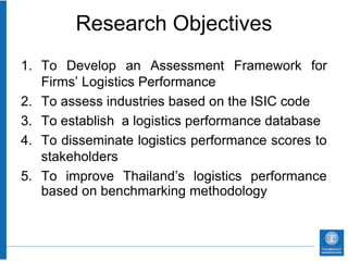 Research Objectives
1. To Develop an Assessment Framework for
   Firms’ Logistics Performance
2. To assess industries based on the ISIC code
3. To establish a logistics performance database
4. To disseminate logistics performance scores to
   stakeholders
5. To improve Thailand’s logistics performance
   based on benchmarking methodology
 