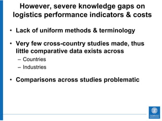 However, severe knowledge gaps on
logistics performance indicators & costs

• Lack of uniform methods & terminology

• Very few cross-country studies made, thus
  little comparative data exists across
  – Countries
  – Industries

• Comparisons across studies problematic
 