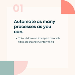 01
Automate as many
processes as you
can.
This cut down on time spent manually
filling orders and inventory filling.
 