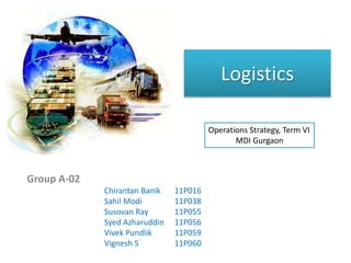 Logistics
Group A-02
Chirantan Banik 11P016
Sahil Modi 11P038
Susovan Ray 11P055
Syed Azharuddin 11P056
Vivek Pundlik 11P059
Vignesh S 11P060
Operations Strategy, Term VI
MDI Gurgaon
 