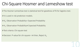 Chi-Square Hosmer and Lemeshow test
The Hosmer-Lemeshow test is statistical test for goodness of fit for logistics test.
It is used in risk prediction models.
H0: Observation Probability= Expected Probability
H1: Observation Probability≠ Expected Probability
Test criteria: Chi-square test
Decision: P-value for chi-square < ∝ then, Reject H0
 