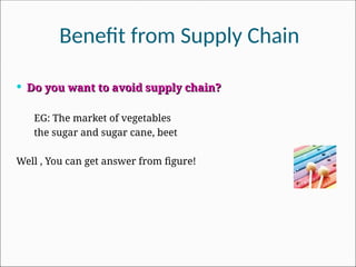  Do you want to avoid supply chain?
Do you want to avoid supply chain?
EG: The market of vegetables
the sugar and sugar cane, beet
Well , You can get answer from figure!
Benefit from Supply Chain
 