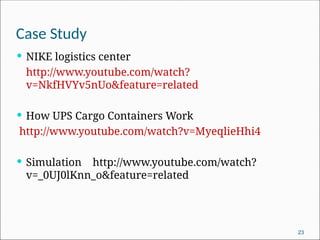 Case Study
 NIKE logistics center
http://www.youtube.com/watch?
v=NkfHVYv5nUo&feature=related
 How UPS Cargo Containers Work
http://www.youtube.com/watch?v=MyeqlieHhi4
 Simulation http://www.youtube.com/watch?
v=_0UJ0lKnn_o&feature=related
23
 