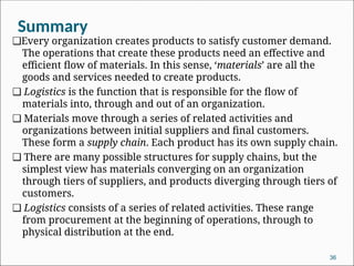 Summary
❑Every organization creates products to satisfy customer demand.
The operations that create these products need an effective and
efficient flow of materials. In this sense, ‘materials’ are all the
goods and services needed to create products.
❑ Logistics is the function that is responsible for the flow of
materials into, through and out of an organization.
❑ Materials move through a series of related activities and
organizations between initial suppliers and final customers.
These form a supply chain. Each product has its own supply chain.
❑ There are many possible structures for supply chains, but the
simplest view has materials converging on an organization
through tiers of suppliers, and products diverging through tiers of
customers.
❑ Logistics consists of a series of related activities. These range
from procurement at the beginning of operations, through to
physical distribution at the end.
36
 