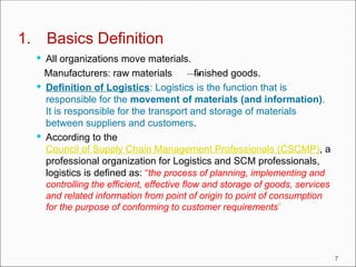 1. Basics Definition
 All organizations move materials.
Manufacturers: raw materials finished goods.
 Definition of Logistics: Logistics is the function that is
responsible for the movement of materials (and information).
It is responsible for the transport and storage of materials
between suppliers and customers.
 According to the
Council of Supply Chain Management Professionals (CSCMP), a
professional organization for Logistics and SCM professionals,
logistics is defined as: “the process of planning, implementing and
controlling the efficient, effective flow and storage of goods, services
and related information from point of origin to point of consumption
for the purpose of conforming to customer requirements”
7
 