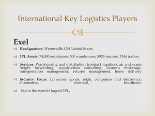 
Exel
 Headquarters: Westerville, OH United States
 3PL Assets: 74,000 employees; 300 warehouses; 5923 tractors, 7544 trailers
 Services: Warehousing and distribution (contract logistics), air and ocean
freight forwarding, supply-chain consulting, customs brokerage,
transportation management, returns management, home delivery
 Industry Focus: Consumer goods, retail, computers and electronics,
automotive, chemical, healthcare.
 Exel is the world's largest 3PL.
International Key Logistics Players
 