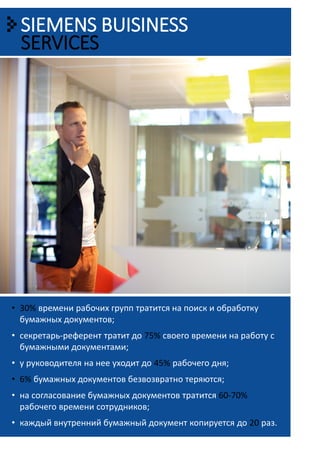 SIEMENS BUISINESS
SERVICES
• 30% времени рабочих групп тратится на поиск и обработку
бумажных документов;
• секретарь-референт тратит до 75% своего времени на работу с
бумажными документами;
• у руководителя на нее уходит до 45% рабочего дня;
• 6% бумажных документов безвозвратно теряются;
• на согласование бумажных документов тратится 60-70%
рабочего времени сотрудников;
• каждый внутренний бумажный документ копируется до 20 раз.
 