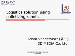 Adam Vonderviszt (啓一)
3D MEDiA Co. Ltd.
Logistics solution using
palletizing robots
(c)2000-2017 3D MEDiA Co.,Ltd.　
Confidential
1
 