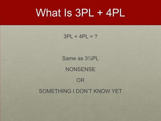 What Is 3PL + 4PL
3PL + 4PL = ?
Same as 3½PL
NONSENSE
OR
SOMETHING I DON‟T KNOW YET
 