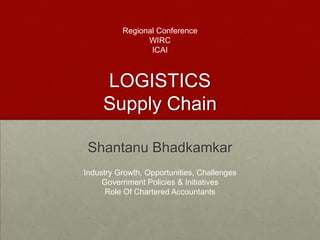 LOGISTICS
Supply Chain
Shantanu Bhadkamkar
Regional Conference
WIRC
ICAI
Industry Growth, Opportunities, Challenges
Government Policies & Initiatives
Role Of Chartered Accountants
 
