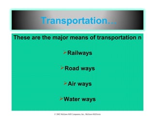 © 2002 McGraw-Hill Companies, Inc., McGraw-Hill/Irwin
Transportation…
These are the major means of transportation n
Railways
Road ways
Air ways
Water ways
 