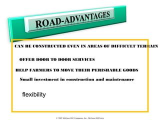 © 2002 McGraw-Hill Companies, Inc., McGraw-Hill/Irwin
CAN BE CONSTRUCTED EVEN IN AREAS OF DIFFICULT TERRAIN
OFFER DOOR TO DOOR SERVICES
HELP FARMERS TO MOVE THEIR PERISHABLE GOODS
Small investment in construction and maintenance
flexibility
 