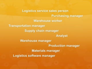 Logistics service sales person

Purchasing manager
Warehouse worker
Transportation manager

Supply chain manager
Analyst
Warehouse manager

Production manager
Materials manager
Logistics software manager

 