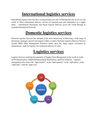 International logistics services
International logistics Services has a strong presence not only in Pakistan but also in all over the
world. It offers international delivery services of materials,cash and information in a supply
chain , International Documents and Parcel Express Delivery across the world through its
extended International Network
Domestic logistics services
Domestic logistics Services has emerged as the most trusted way of delivering a wide range of
documents, packages, parcels and cargoes within a country Domestic logistics Delivery Services
include MMS (Mail Management Solution) stands upon the single largest investment in
infrastructure, made by logistics for continuous delivery of value
Logistics services
Logistics Services realizing the potentials of Supply Chain Management in the world. It works
on Overland Express, W&D (Warehousing & Distribution), and Fleet Solutions . Logistics
management tries to have the “right product”, in the “right quantity”, at the “right place”, at the
“right time”, with the “right cost”.
 