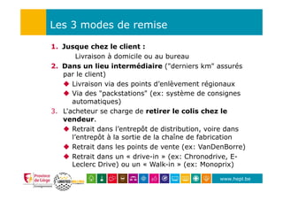 www.hepl.be
Les 3 modes de remise
1.  Jusque chez le client :
Livraison à domicile ou au bureau
2.  Dans un lieu intermédiaire ("derniers km" assurés
par le client)
u  Livraison via des points d’enlèvement régionaux
u  Via des "packstations" (ex: système de consignes
automatiques)
3.  L'acheteur se charge de retirer le colis chez le
vendeur.
u  Retrait dans l’entrepôt de distribution, voire dans
l’entrepôt à la sortie de la chaîne de fabrication
u  Retrait dans les points de vente (ex: VanDenBorre)
u  Retrait dans un « drive-in » (ex: Chronodrive, E-
Leclerc Drive) ou un « Walk-in » (ex: Monoprix)
 