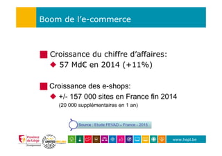 www.hepl.be
Boom de l’e-commerce
!  Croissance du chiffre d’affaires:
u  57 Md€ en 2014 (+11%)
! Croissance des e-shops:
u +/- 157 000 sites en France fin 2014
(20 000 supplémentaires en 1 an)
Source : Etude FEVAD – France - 2015
 