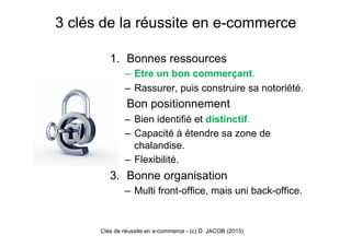 1.  Bonnes ressources
–  Etre un bon commerçant.
–  Rassurer, puis construire sa notoriété.
2.  Bon positionnement
–  Bien identifié et distinctif.
–  Capacité à étendre sa zone de
chalandise.
–  Flexibilité.
3.  Bonne organisation
–  Multi front-office, mais uni back-office.
3 clés de la réussite en e-commerce
Clés de réussite en e-commerce - (c) D. JACOB (2015)
 