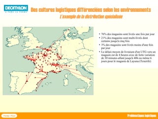 • 76% des magasins sont livrés une fois par jour
• 21% des magasins sont multi-livrés dont
certains jusqu'à cinq fois
• 3% des magasins sont livrés moins d'une fois
par jour
• Le délais moyen de livraison d'un UTG vers un
magasin est de 4 heures avec de forte variation
de 30 minutes allant jusqu'à 40h ou même 6
jours pour le magasin de Layuna (Tenerife)
Des cultures logistiques différenciées selon les environnements
L’exemple de la distribution spécialisée
Forma Plus Problématiques logistiques
 