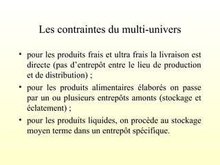 Les contraintes du multi-univers
• pour les produits frais et ultra frais la livraison est
directe (pas d’entrepôt entre le lieu de production
et de distribution) ;
• pour les produits alimentaires élaborés on passe
par un ou plusieurs entrepôts amonts (stockage et
éclatement) ;
• pour les produits liquides, on procède au stockage
moyen terme dans un entrepôt spécifique.
 