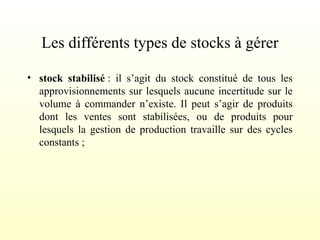 Les différents types de stocks à gérer
• stock stabilisé : il s’agit du stock constitué de tous les
approvisionnements sur lesquels aucune incertitude sur le
volume à commander n’existe. Il peut s’agir de produits
dont les ventes sont stabilisées, ou de produits pour
lesquels la gestion de production travaille sur des cycles
constants ;
 