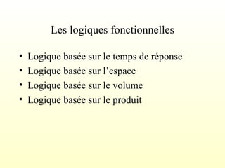Les logiques fonctionnelles
• Logique basée sur le temps de réponse
• Logique basée sur l’espace
• Logique basée sur le volume
• Logique basée sur le produit
 
