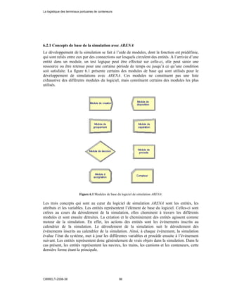 6.2.1 Concepts de base de la simulation avec ARENA
Le développement de la simulation se fait à l’aide de modules, dont la fonction est prédéfinie,
qui sont reliés entre eux par des connections sur lesquels circulent des entités. À l’arrivée d’une
entité dans un module, un test logique peut être effectué sur celle-ci, elle peut saisir une
ressource ou être retenue pour une certaine période de temps ou jusqu’à ce qu’une condition
soit satisfaite. La figure 6.1 présente certains des modules de base qui sont utilisés pour le
développement de simulations avec ARENA. Ces modules ne constituent pas une liste
exhaustive des différents modules du logiciel, mais constituent certains des modules les plus
utilisés.
Figure 6.1 Modules de base du logiciel de simulation ARENA.
Les trois concepts qui sont au cœur du logiciel de simulation ARENA sont les entités, les
attributs et les variables. Les entités représentent l’élément de base du logiciel. Celles-ci sont
créées au cours du déroulement de la simulation, elles cheminent à travers les différents
modules et sont ensuite détruites. La création et le cheminement des entités agissent comme
moteur de la simulation. En effet, les actions des entités sont les événements inscrits au
calendrier de la simulation. Le déroulement de la simulation suit le déroulement des
événements inscrits au calendrier de la simulation. Ainsi, à chaque événement, la simulation
évalue l’état du système, met à jour les différentes variables et procède ensuite à l’événement
suivant. Les entités représentent donc généralement de vrais objets dans la simulation. Dans le
cas présent, les entités représentent les navires, les trains, les camions et les conteneurs, cette
dernière forme étant la principale.
La logistique des terminaux portuaires de conteneurs
CIRRELT-2008-38 96
 