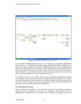 Figure 6.7 Sous-modèle « Réallocation des grues de quai 1 »
Le sous-modèle « Réallocation grues de quai 3 » est identique au sous-modèle « Réallocation
grues de quai 1 », à l’exception que les tests logiques des différents modules s’appliquent aux
navires de la ligne 2. Quant au sous-modèle « Réallocation grues de quai 2 », la logique est la
même, à l’exception qu’il doit tenir compte d’un plus grand nombre de possibilités d’identité
des navires, puisqu’il traite les cas où deux navires sont à quai, mais qu’ils proviennent de
lignes différentes. Les possibilités sont plus nombreuses dû au rang des navires qui doit être
pris en compte parallèlement à la ligne d’appartenance du navire.
Les différents modèles et sous-modèles présentés jusqu’à maintenant représentent le premier
tiers du modèle d’arrivé des navires présenté au chapitre précédent (voir figure 5.3). En effet,
ces modèles représentant l’arrivée des navires, l’allocation des quais et l’allocation des grues de
quai. En se référant à la figure 5.3, il peut être constaté que l’étape suivante est l’allocation des
serveurs aux navires pour les opérations de déchargement.
6.4.5 Allocation des serveurs
Bien que dans les divers modèles et sous-modèles de la logique de la simulation, présentés au
chapitre précédent, l’allocation des serveurs soit présentée comme plusieurs décisions
indépendantes, l’implantation de ces décisions dans le simulateur ne peut être faite de cette
La logistique des terminaux portuaires de conteneurs
CIRRELT-2008-38 107
 