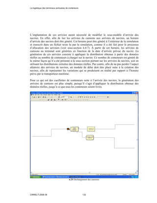 L’implantation de ces arrivées aurait nécessité de modifier le sous-modèle d’arrivée des
navires. En effet, afin de lier les arrivées de camions aux arrivées de navires, un horaire
d’arrivée des navires doit être généré. Cet horaire peut être généré à l’extérieur de la simulation
et transcrit dans un fichier texte lu par la simulation, comme il a été fait pour le processus
d’allocation des serveurs (voir sous-section 6.4.7). À partir de cet horaire, les arrivées de
camions au terminal sont générées en fonction de la date d’arrivée prévue du navire. La
génération de ces arrivées consiste à appliquer la distribution obtenue à partir des données
réelles au nombre de conteneurs à charger sur le navire. Ce nombre de conteneurs est généré de
la même façon qu’il a été présenté à la sous-section portant sur les arrivées de navires, soit en
utilisant les distributions extraites des données réelles. Par contre, afin de ne pas perdre l’aspect
aléatoire des arrivées de navires, un module de délai doit être placé suite à la création des
navires, afin de représenter les variations qui se produisent en réalité par rapport à l’horaire
prévu par le transporteur maritime.
Pour ce qui est des cueillettes de conteneurs suite à l’arrivée des navires, la génération des
arrivées de camions est plus simple, puisqu’il s’agit d’appliquer la distribution obtenue des
données réelles, jusqu’à ce que tous les conteneurs soient livrés.
6.25 Déchargement des camions.
La logistique des terminaux portuaires de conteneurs
CIRRELT-2008-38 132
 