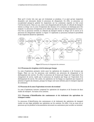Bien qu’il s’avère très rare que cet événement se produise, il se peut qu’une inspection
douanière soit nécessaire durant le processus de chargement. En effet, ce processus est
exceptionnel puisqu’en général les inspections sur les conteneurs exportés se font avant
l’arrivée du navire. Dans ces cas, suite à son chargement près de la pile, le véhicule de transport
interne se dirige vers la zone d’inspection des douanes et le conteneur est déchargé pour être
inspecté. Le processus d’inspection est le même que dans le cas d’un déchargement de navire.
Une fois ce processus terminé, le véhicule de transport interne se dirige vers le navire et le
processus de chargement reprend. La figure 3.3 représente ce processus incluant la possibilité
d’une inspection durant les opérations.
Figure 3.3 Processus de chargement des conteneurs
3.1.3 Processus de réception et de livraison par barges
La zone d’opérations portuaire inclut aussi les opérations de réception et de livraison par
barges. Dans ces cas, les processus sont similaires aux processus de chargement et de
déchargement des navires. En effet, le processus de livraison par barge est l’équivalent d’un
chargement de navire, tandis que le processus de réception par barge est l’équivalent d’un
déchargement de navire. Par contre, les opérations sur les barges ne requièrent pas toujours la
présence d’agents des douanes, puisque les barges sont aussi utilisées pour le transport régional
de conteneurs.
3.2 Processus de la zone d’opérations terrestre du terminal
La zone d’opérations terrestre comprend les opérations de réception et de livraison de deux
modes de transport : les trains et les camions.
3.2.1 Processus d’identification des camionneurs et de traitement des opérations de
transport routier
Le processus d’identification des camionneurs et de traitement des opérations de transport
routier est une étape préalable aux opérations sur les camions. En effet, c’est au cours de ce
processus qu’est produite la documentation nécessaire au camionneur pour accéder au terminal.
La logistique des terminaux portuaires de conteneurs
CIRRELT-2008-38 47
 