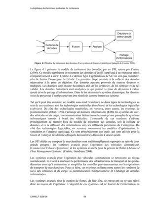 Figure 4.1 Modèle de traitement des données d’un système de transport intelligent (adapté de Crainic 2006)
La figure 4.1 présente le modèle de traitement des données, par un STI, retenu par Crainic
(2006). Ce modèle représente le traitement des données d’un STI appliqué à un opérateur privé,
comparativement à un STI public. Ce dernier type d’applications de STI ne sera pas considéré,
afin de limiter l’envergure de l’étude. La première étape consiste à la collecte des données
nécessaires à la prise de décision. Ces données peuvent provenir de sources diverses et
multiples. Les données sont ensuite fusionnées afin de les organiser, de les nettoyer et de les
valider. Les données fusionnées sont analysées ce qui permet la prise de décisions à valeur
ajouté et/ou le partage d’informations. Dans le but de rendre le système dynamique, les résultats
issus du processus d’analyse peuvent être réutilisés comme intrant au système.
Tel qu’il peut être constaté, ce modèle sous-tend l’existence de deux types de technologies au
sein de ces systèmes, soit les technologies matérielles (hardware) et les technologies logicielles
(software). Du côté des technologies matérielles, on retrouve, entre autres, les systèmes de
positionnement global (GPS), l’échange de données informatisées (EDI), les systèmes de suivi
des véhicules et du cargo, la communication bidirectionnelle ainsi qu’une panoplie de systèmes
informatiques montés à bord des véhicules. L’ensemble de ces systèmes s’adresse
principalement au premier bloc du modèle de traitement des données, soit la collecte de
données, et à la diffusion des informations vers les différents partenaires de l’entreprise. Du
côté des technologies logicielles, on retrouve notamment les modèles d’optimisation, la
simulation et l’analyse statistique. Ce sont principalement ces outils qui sont utilisés pour la
fusion et l’analyse des données desquels découlent les décisions à valeur ajouté.
Les STI dédiés au transport de marchandises sont traditionnellement regroupés au sein de deux
grands groupes : les systèmes avancés pour l’opération des véhicules commerciaux
(Commercial Vehicle Operations) et les systèmes avancés pour la gestion de flottes (Advanced
Fleet Management Systems) (Crainic, Gendreau 2004).
Les systèmes avancés pour l’opération des véhicules commerciaux se retrouvent au niveau
institutionnel. Ils visent à améliorer la performance des infrastructures de transport et des postes
douaniers ainsi qu’à automatiser et simplifier les contrôles gouvernementaux sur les opérations
de transport de marchandises. Pour ce faire, ces systèmes utilisent entre autres les systèmes de
suivi des véhicules et du cargo, la communication bidirectionnelle et l’échange de données
informatisées.
Les systèmes avancés pour la gestion de flottes, de leur côté, se retrouvent au niveau privé,
donc au niveau de l’opérateur. L’objectif de ces systèmes est de fournir de l’information en
La logistique des terminaux portuaires de conteneurs
CIRRELT-2008-38 58
 