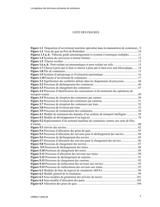 v
LISTE DES FIGURES
Figure 1.1 Disposition d’un terminal maritime spécialisé dans la manutention de conteneurs..9
Figure 1.2 Grue de quai au Port de Rotterdam .........................................................................10
Figures 1.3 a, b. Véhicule guidé automatiquement et système à remorques multiples............11
Figure 1.4 Système de convoyeur à moteur linéaire..................................................................12
Figure 1.5 Chariot cavalier .......................................................................................................12
Figure 1.6 a, b. Pont roulant sur pneumatiques et pont roulant sur rails..................................13
Figure 1.7 Chariot à prise par le haut et chariot à prise par le haut avec mat télescopique.......14
Figure 1.8 Pile de conteneurs.....................................................................................................15
Figure 1.9 Système d’entreposage et d’extraction automatique. ...............................................16
Figure 1.10 Guérite d’un terminal de conteneurs. .....................................................................17
Figure 3.1 Signification des symboles utilisés dans les diagrammes de processus. ..................44
Figure 3.2 Processus de déchargement des conteneurs. ............................................................46
Figure 3.3 Processus de chargement des conteneurs .................................................................47
Figure 3.4 Processus d’identification des camionneurs et de traitement des opérations de
transport routier ..........................................................................................................................49
Figure 3.5 Processus de réception des conteneurs par camion ..................................................50
Figure 3.6 Processus de livraison des conteneurs par camions. ................................................51
Figure 3.7 Processus de réception des conteneurs par train.......................................................52
Figure 3.8 Processus de livraison par train................................................................................53
Figure 3.9 Processus de remaniement des conteneurs...............................................................54
Figure 4.1 Modèle de traitement des données d’un système de transport intelligent ................58
Figure 5.1 Modèle de développement d’un logiciel ..................................................................78
Figure 5.2 Représentation d’un terminal maritime de conteneurs comme une suite de files
d’attente. .....................................................................................................................................80
Figure 5.3 Arrivée des navires...................................................................................................82
Figure 5.4 Processus d’allocation des grues de quai..................................................................83
Figure 5.5 Processus d’allocation des serveurs pour le déchargement des navires ...................84
Figure 5.6 Processus de déchargement des navires ...................................................................85
Figure 5.7 Processus d’allocation des serveurs pour le chargement des navires.......................86
Figure 5.8 Processus de chargement des navires.......................................................................87
Figure 5.9 Processus de déchargement des trains.....................................................................88
Figure 5.10 Processus de chargement des trains........................................................................89
Figure 5.11 Processus d’allocation des serveurs aux trains.......................................................90
Figure 5.12 Processus de déchargement de camions.................................................................91
Figure 5.13 Processus de chargement des camions ...................................................................92
Figure 5.14 Processus de réallocation des serveurs aux navires................................................93
Figure 5.15 Processus de réallocations des serveurs aux trains.................................................93
Figure 6.1 Modules de base du logiciel de simulation ARENA. ................................................96
Figure 6.2 Modèle général de la simulation. .............................................................................99
Figure 6.3 Sous-modèles de génération des arrivées de navire. ..............................................101
Figure 6.4 Sous-modèle d’allocation des quais. ......................................................................102
Figure 6.5 Allocation des grues de quai. .................................................................................104
La logistique des terminaux portuaires de conteneurs
CIRRELT-2008-38
 