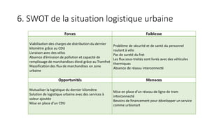 6. SWOT de la situation logistique urbaine
Forces Faiblesse
Viabilisation des charges de distribution du dernier
kilomètre grâce au CDU
Livraison avec des vélos
Absence d’émission de pollution et capacité de
remplissage de marchandises élevé grâce au Tramfret
Massification des flux de marchandises en zone
urbaine
Problème de sécurité et de santé du personnel
roulant à vélo
Pas de sureté du fret
Les flux sous-traités sont livrés avec des véhicules
thermiques
Absence de réseau interconnecté
Opportunités Menaces
Mutualiser la logistique du dernier kilomètre
Solution de logistique urbaine avec des services à
valeur ajoutée
Mise en place d’un CDU
Mise en place d’un réseau de ligne de tram
interconnecté
Besoins de financement pour développer un service
comme urbismart
 