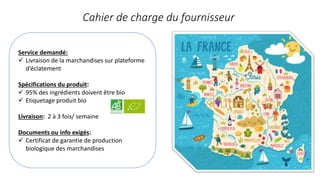 Cahier de charge du fournisseur
Service demandé:
 Livraison de la marchandises sur plateforme
d’éclatement
Spécifications du produit:
 95% des ingrédients doivent être bio
 Etiquetage produit bio
Livraison: 2 à 3 fois/ semaine
Documents ou info exigés:
 Certificat de garantie de production
biologique des marchandises
 