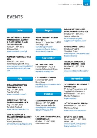 45LOGISYM MAGAZINE JUNE 2016 | EVENTS
EVENTS
DYNAMICDISTRIBUTION
DISRUPTION2016
July 13th
- 14th
, 2016
New York, USA
www.events.eft.com/d3
14TH ASEAN PORTS &
SHIPPING CONFERENCE
July 14th
- 15th
, 2016
Bangkok, Thailand
www.transportevents.com
July
September
ME TRANSLOG 2016
September 5th
- 7th
, 2016
Muscat, Sultanate of Oman
www.metranslog.com
October
CILF CHINA INTERNATIONAL
LOGISTICS FAIR
October 12th
- 14th
, 2016
Shenzhen, China
LOGISYM MALAYSIA 2016
October 12th
- 13th
, 2016
Kuala Lumpur, Malaysia
www.logisym.com/events/
logisym-malaysia-2016
November
LOGISYM DUBAI 2016
November 22nd
- 23rd
, 2016
Dubai, UAE
www.logisym.com/events/
logisym-dubai-2016
16TH
INTERMODAL AFRICA
November 17th
- 18th
, 2016
Mombasa, Kenya
www.transportevents.com
CEO BREAKFAST SERIES
September 22nd
, 2016
Hong Kong
www.logisym.com/events/ceo-
breakfast-series
CEO BREAKFAST SERIES
October 20th
, 2016
Shanghai, China
www.logisym.com/events/ceo-
breakfast-series
INDONESIA TRANSPORT
SUPPLY CHAIN & LOGISTICS
October 19th
- 21st
, 2016
Jakarta, Indonesia
http://www.transport-
supplychain-logistics.co.id
THE WORLD LOGISTICS
SHOW BAHRAIN - 2016
October 18th
- 20th
, 2016
Bahrain
www.worldlogisticshow.com/
AVIATION FESTIVAL AFRICA
2016
June 28th
- 29th
, 2016
Johannesburg, South Africa
www.terrapinn.com/exhibition/
aviation-festival-africa/index.
stm
THE 14TH
ANNUAL NORTH
AMERICAN 3PL SUMMIT
& CHIEF SUPPLY CHAIN
OFFICER FORUM
June 20th
- 22nd
, 2016
Chicago, USA
www.events.eft.com/3pl
June
HOME DELIVERY WORLD
WEST 2016
August 31st
- September 1st
, 2016
San Diego, USA
www.terrapinn.com/
conference/home-delivery-
world-west/index.stm
August
2016 WAREHOUSE &
TRANSPORTATION SUMMIT
July 29th
, 2016
Manila, Philippines
christian.tumanguil@pasia.org
2016 ANNUAL PASIAWORLD
CONFERENCE
5th
Annual Procurement and
Supply Chain Conference
November 9th
- 10th
, 2016
Manila, Philippines
www.pasia.org
 