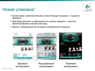 Новая упаковка!
                Более яркая, привлекательная, впечатляющая упаковка – в едином
                 формате
                Цветовое деление, в зависимости от уровня продукта – простое
                 ориентирование в модельном ряду
                Иконки, сообщающие об основных особенностях продукта




                          Базовый        Расширенный               Премиум
                        ассортимент      ассортимент             ассортимент
Logitech Confidential
 