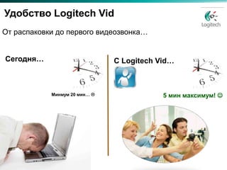 Удобство Logitech Vid
От распаковки до первого видеозвонка…


Сегодня…                       С Logitech Vid…



            Минмум 20 мин…                5 мин максимум! 
 