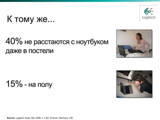 К тому же...

40% не расстаются с ноутбуком
даже в постели



15% - на полу


Source: Logitech study, Dec 2008, n = 821 (France, Germany, US)
 