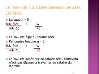  Lorsque η = 0
δU/ δlei = w
δU/ δC Pc
 Le TMS est égal au salaire réel
 Par contre lorsque η > 0
δU/ δlei > w
δU/ δC Pc
 Le TMS est supérieur au salaire réel, l’individu
n’est pas disposé à travailler au salaire du
marché
10
 