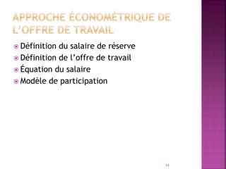 Définition du salaire de réserve
 Définition de l’offre de travail
 Équation du salaire
 Modèle de participation
14
 