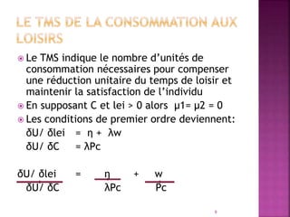  Le TMS indique le nombre d’unités de
consommation nécessaires pour compenser
une réduction unitaire du temps de loisir et
maintenir la satisfaction de l’individu
 En supposant C et lei > 0 alors μ1= μ2 = 0
 Les conditions de premier ordre deviennent:
δU/ δlei = η + λw
δU/ δC = λPc
δU/ δlei = η + w
δU/ δC λPc Pc
9
 