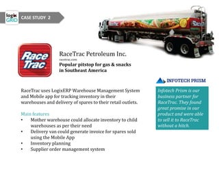 RaceTrac Petroleum Inc.
racetrac.com
Popular pitstop for gas & snacks
in Southeast America
RaceTrac uses LogixERP Warehouse Management System
and Mobile app for tracking inventory in their
warehouses and delivery of spares to their retail outlets.
Main features
• Mother warehouse could allocate inventory to child
warehouses as per their need
• Delivery van could generate invoice for spares sold
using the Mobile App
• Inventory planning
• Supplier order management system
Infotech Prism is our
business partner for
RaceTrac. They found
great promise in our
product and were able
to sell it to RaceTrac
without a hitch.
CASE STUDY 2
 