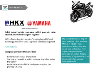 CASE STUDY 4
www.hkxlogistics.com
Delhi based logistic company which provide value
added & unrivalled range of logistics
The control tower has helped
us to serve our client Yamaha
Motors in a better way.
Information which otherwise
would take us hours or even
days to compute is now
accessible on a click. Readily
availability of information to all
stakeholders has reduced
the support calls.
HKX reflexive logistics solution’ is using LogixERP and
mobile app to deliver their shipment and track shipment
Main features
Designed controlled tower offers-
• Current whereabouts of shipment
• Tracking of the vehicle and its estimate time of arrival at
the factory
• Analytical analysis of OEM performance against the
planned schedule
 